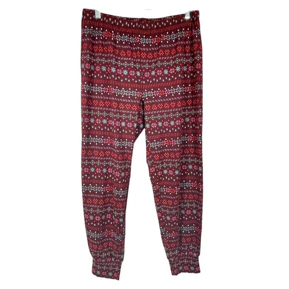 NWT Aerie Snowflake Print Merlot Red High Rise Jogger Cotton Pajama Pants Size M - Picture 1 of 12